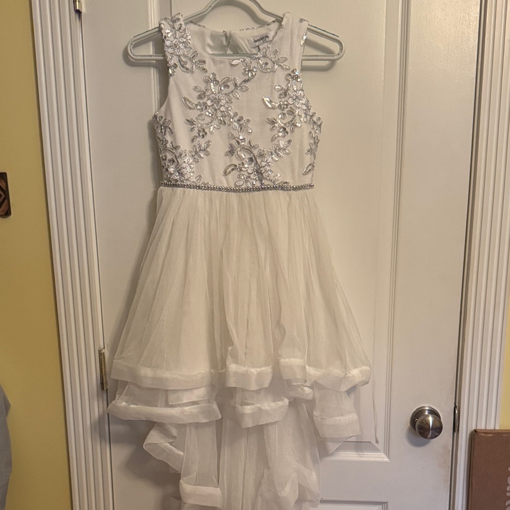 Speechless White Kids Dress with Silver Floral Accents